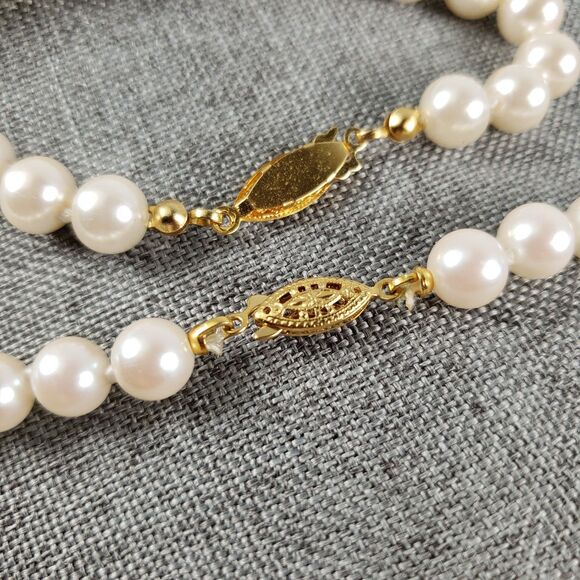 Vintage Knotted Faux Pearl Gold Tone Fish Hook Clasp 30"  Necklace & 7” Bracelet - Picture 9 of 12